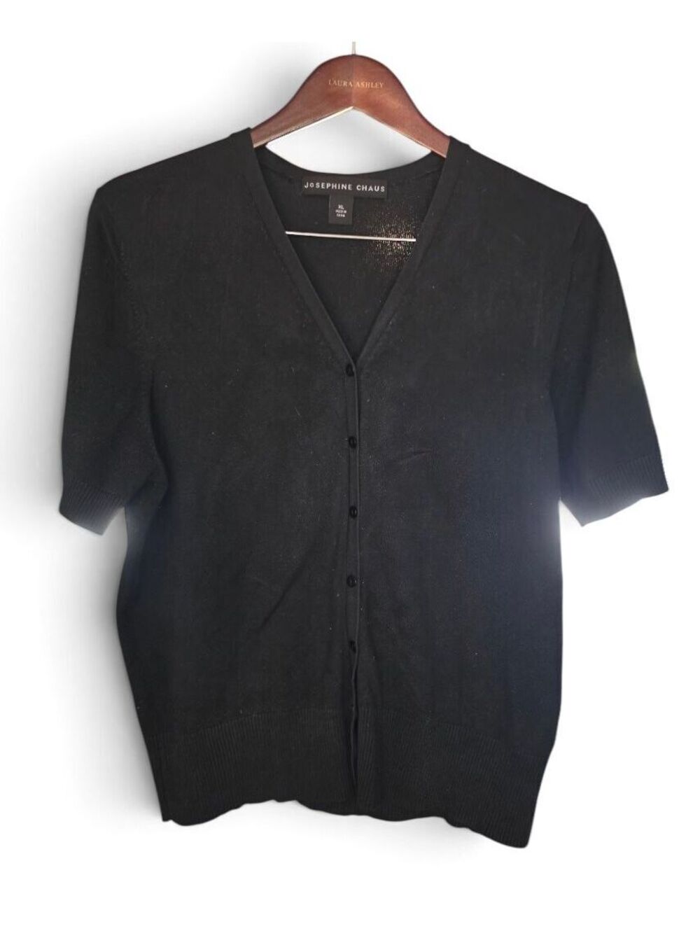 Josephine Chaus Black Silk Blend Short Sleeve Cardigan XL 90's Style Minimalist
